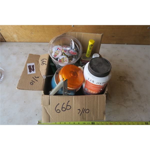 Box of Misc. Items Including Electric Motor, Vintage Pins and More!