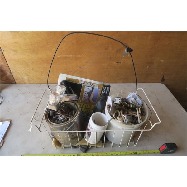 Box of Misc. Items Including Chain, Faucet, Sandpaper & Hardware