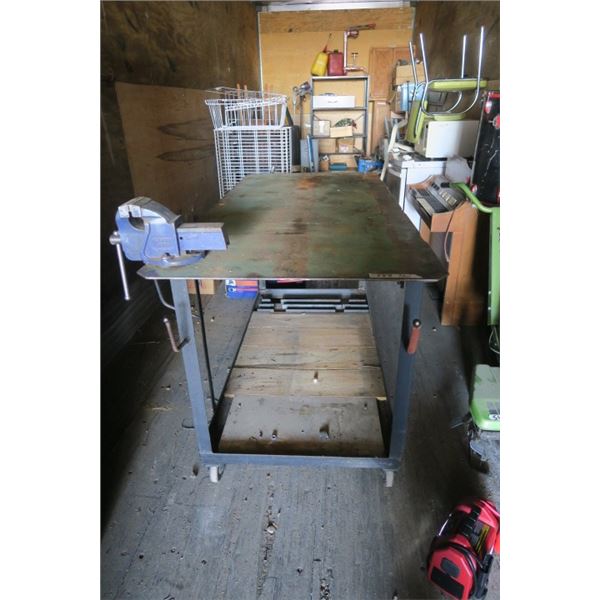 Large Metal Welding Table on Castors Including Vice