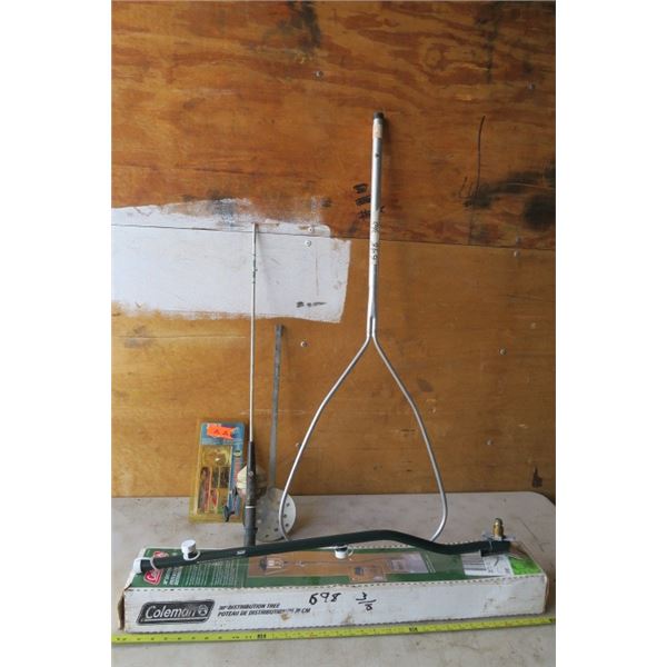 Fishing and Camping Parts Lot, Extendable Net Frame, 1/2 Rod and Reel, Hooks, Coleman Distribution T