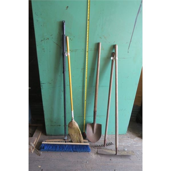 Lot of Brooms, Rake and Shovel