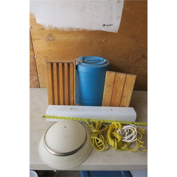 Box of Misc. Items including Glass Light Shades, Cutting Board, and Water Jug