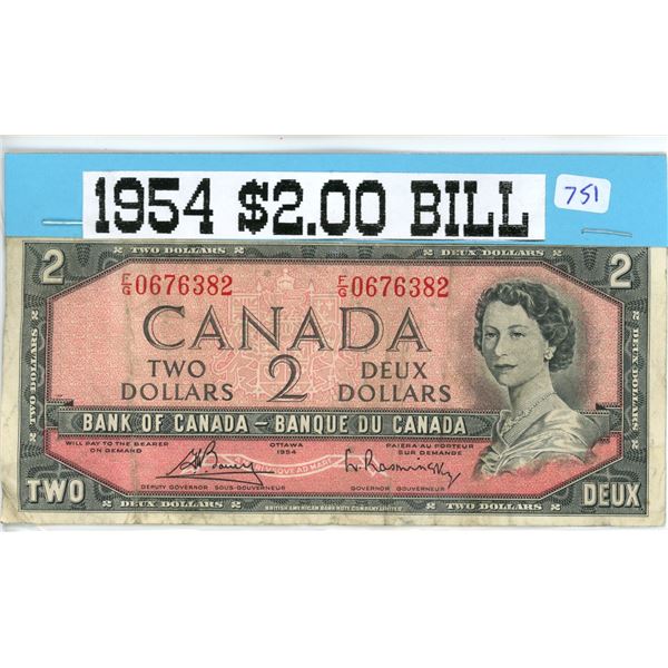 1954 2 dollar bill Canadian currency