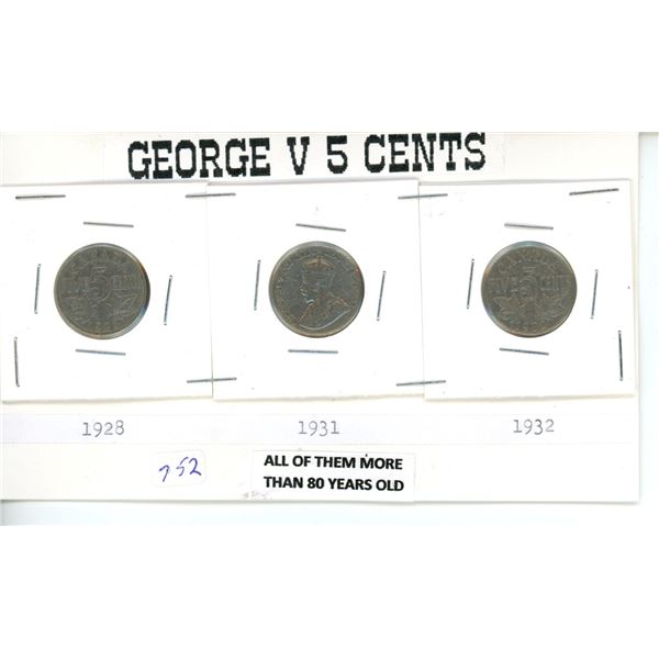 3 George V nickels 5 cents  Canadian Currency coin 1928, 1931, 1932