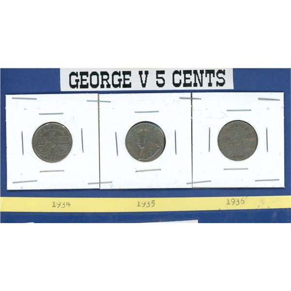 3 consecutive years George V nickels 5 cents  Canadian Currency coin 1934, 1935, 1936