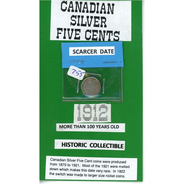 1912 silver nickel 5 cents Rare date Canadian Currency