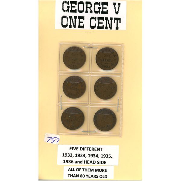 6 George V pennies cents 1932-1936 Canadian Currency