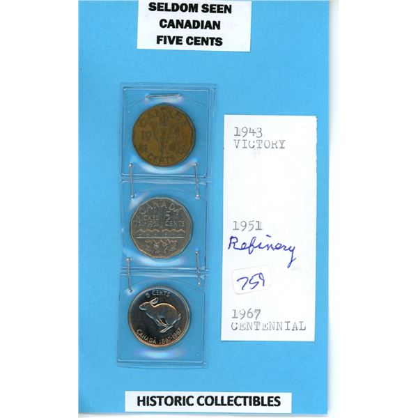 3 rare nickels 5 cent coin Canada Canadian Currency