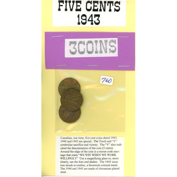 3 war time coins nickel five cents Canadian Currency
