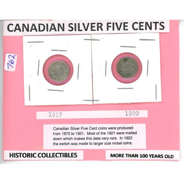 2 silver 5 cent coins 1917 1920 nickel Canadian Currency