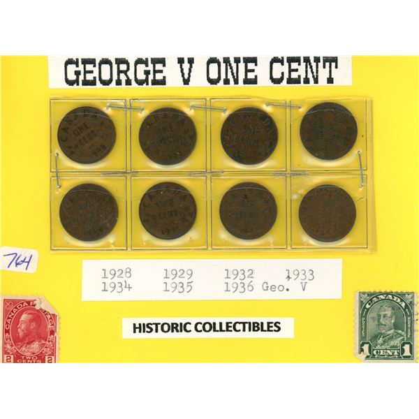 8 George V pennies and two stamps 1928 - 1936 coin cent Canadian Currency