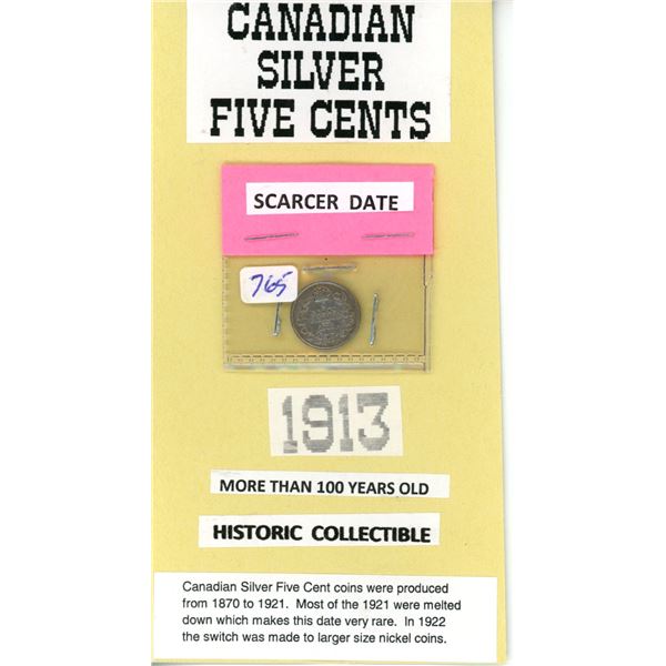 1913 silver nickel 5 cent coin Canadian Currency