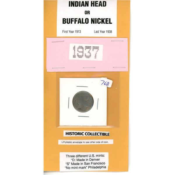 Indian head or Buffalo Nickel 1937 coin US  Currency