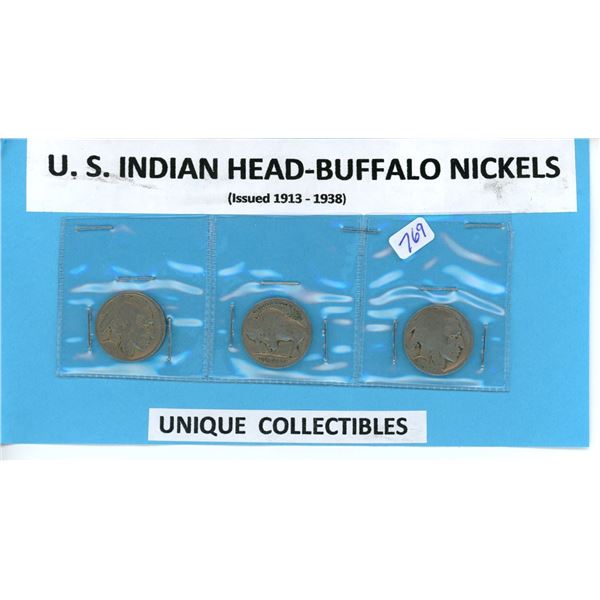 3 Indian head or Buffalo Nickel 1913-1938  coin US  Currency
