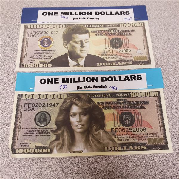 novelty currency JFK and Farrah Fawcett 1 million dollar commemorative bill