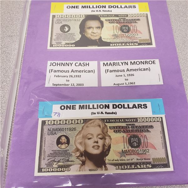 novelty currency Johnny Cash Marilyn Monroe Norma Jean Mortenson 1 million dollar commemorative bill