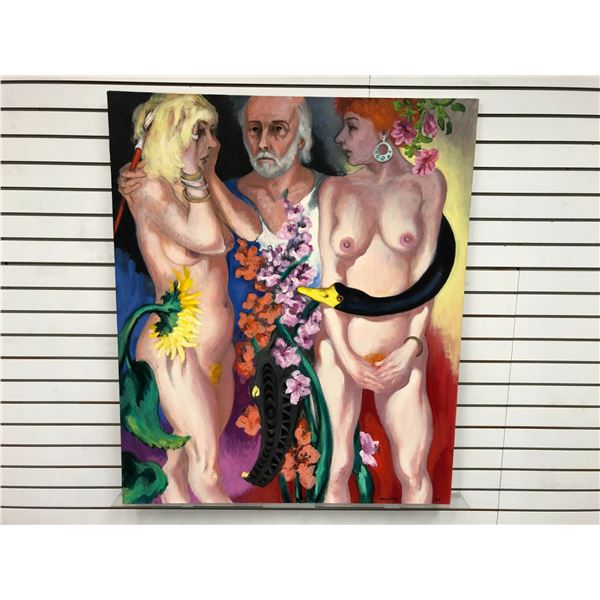 Frank Molnar Canadian (1936 - 2020) - Nude oil on canvas painting 1993 - 2 women w/ artist 42in x 50