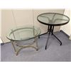 Image 2 : Two small tables - small round glass top patio table & heavy brass glass top end table