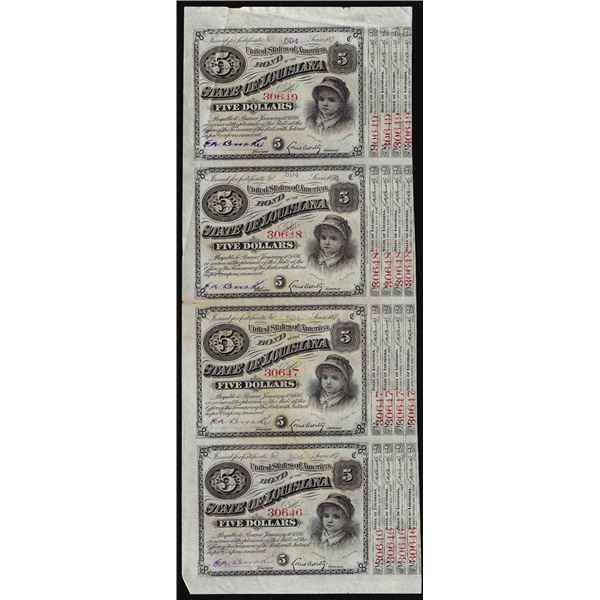 Uncut Sheet of (4) State of Louisiana Baby Bond Obsolete Notes