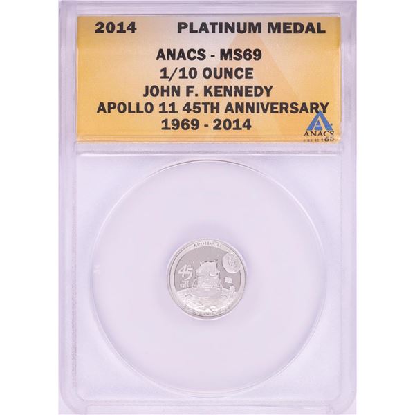 2014 Proof 1/10 oz Platinum JFK Apollo 11 Anniversary Medal ANACS MS69