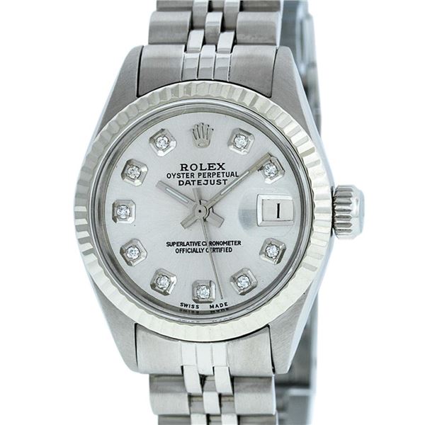 Rolex Ladies Stainless Steel Silver Diamond Datejust Wristwatch