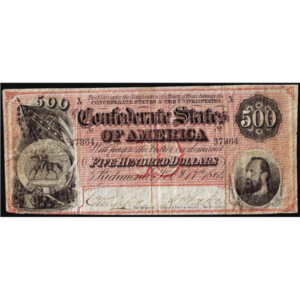 1864 $500 Confederate States of America Note