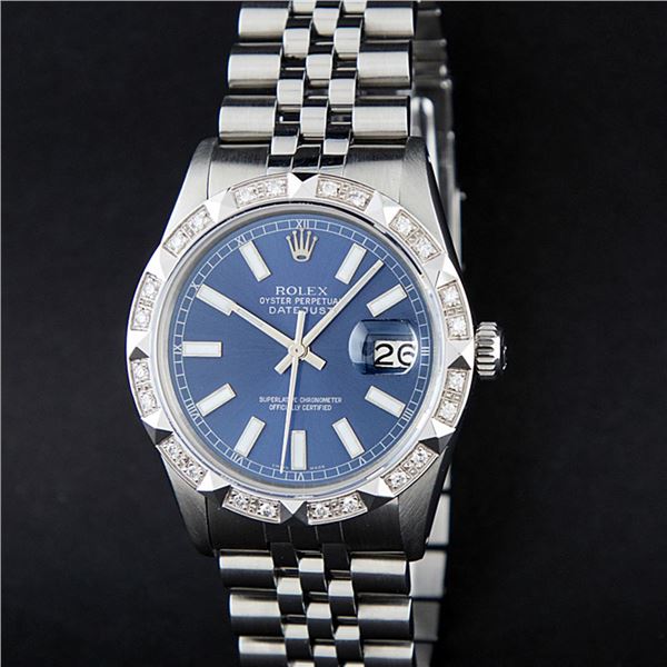Rolex Stainless Steel Blue Index Diamond Oyster Perpetual Datejust Wristwatch