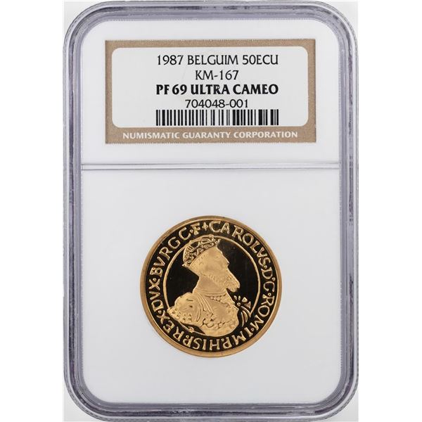 1987 Belgium Proof 50 ECU Gold Coin KM-167 NGC PF69 Ultra Cameo