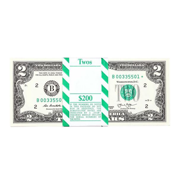 Pack of (100) Consecutive 2013 $2 Federal Reserve STAR Notes New York