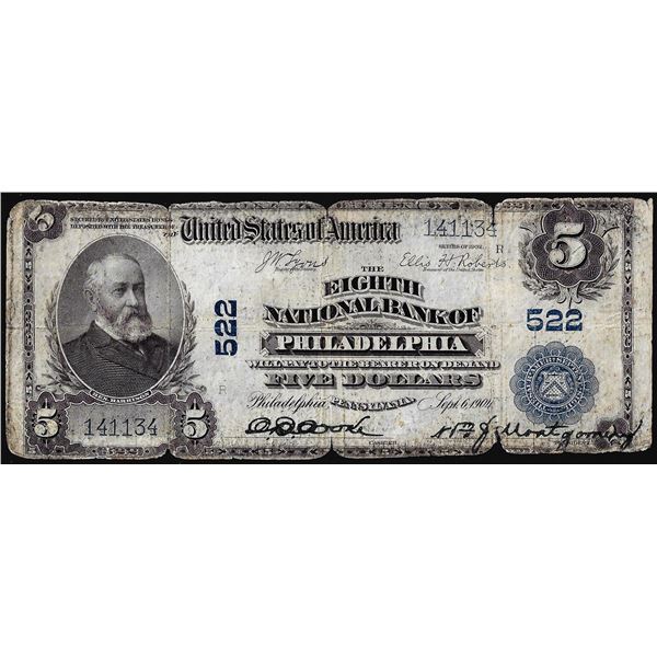 1902PB $5 Eighth National Bank of Philadelphia, PA CH# 522 National Currency Note