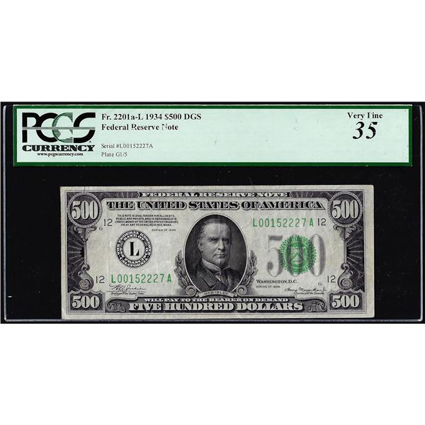 1934 $500 Federal Reserve Note San Francisco Fr.2201a-L PCGS Very Fine 35