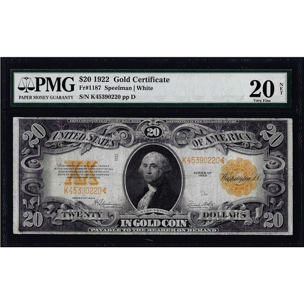 1922 $20 Gold Certificate Note Fr.1187 PMG Very Fine 20 Net