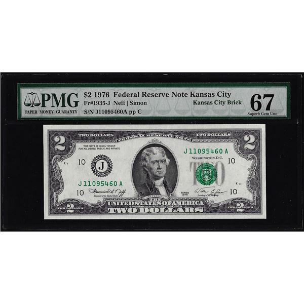 1976 $2 Federal Reserve Note Kansas City Fr.1935-J PMG Superb Gem Uncirculated 67