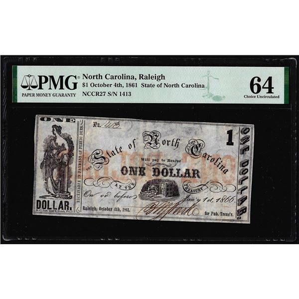 October 4th, 1861 $1 State of North Carolina Obsolete Note PMG Choice Uncirculated 64