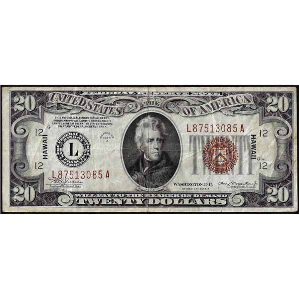 1934A $20 Hawaii WWII Emergency Issue Federal Reserve Note