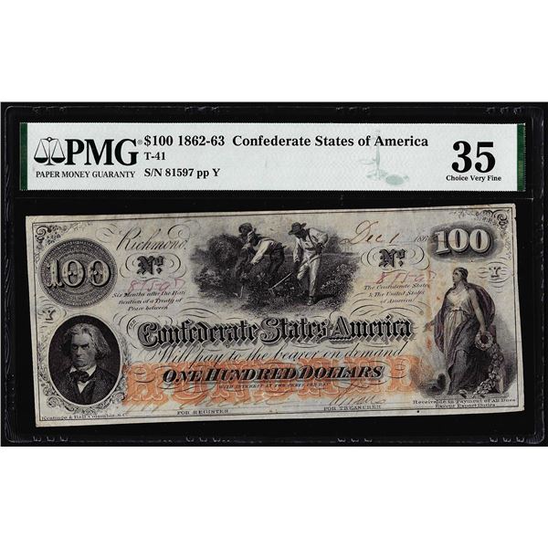 1862-63 $100 Confederate States of America Note T-41 PMG Choice Very Fine 35