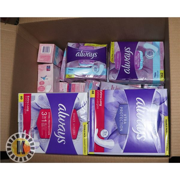 BOX OF ASSORTED WOMENS SANITARY PRODUCTS