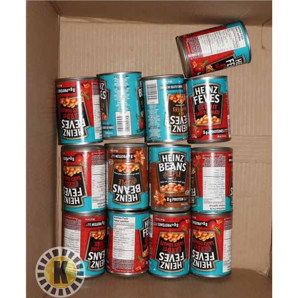 BOX OF ASSORTED HEINZ BEANS CAN SOUP