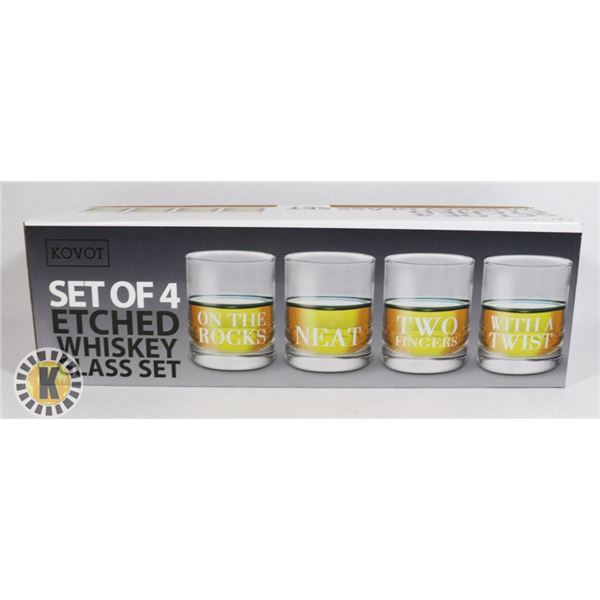 NEW 4 PC ETCHED WHISKEY GLASS SET