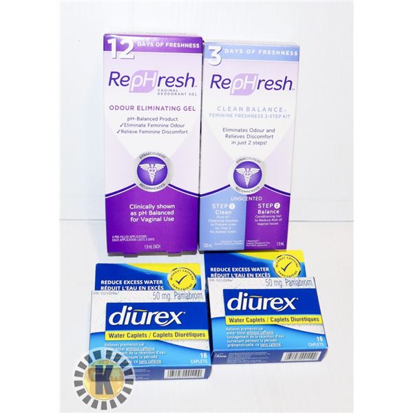 BAG OF REPHRESH AND DIUREX WATER CAPLETS