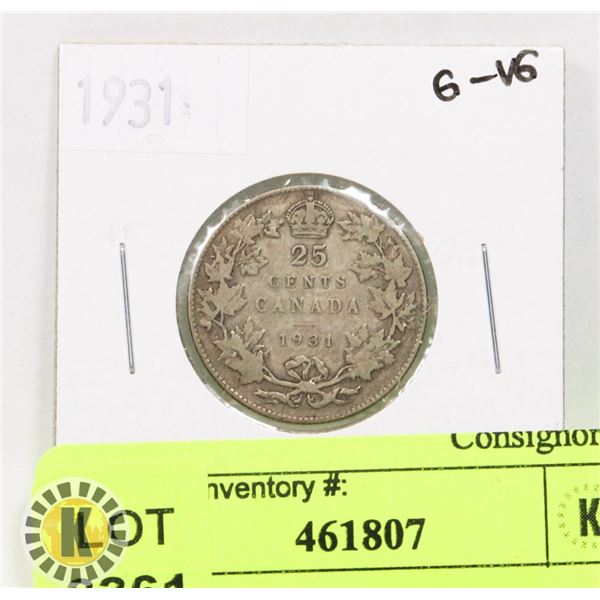 1931 CANADIAN SILVER TWENTY-FIVE CENT COIN