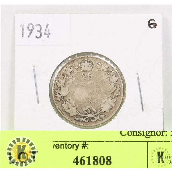 1934 CANADIAN SILVER TWENTY-FIVE CENT COIN