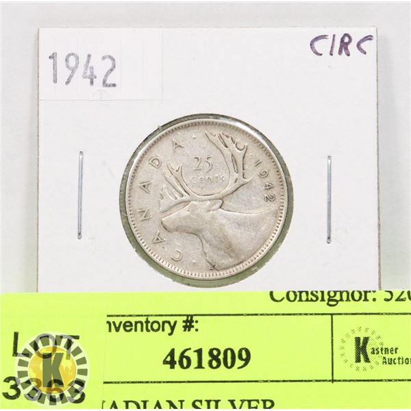 1942 CANADIAN SILVER TWENTY-FIVE CENT COIN