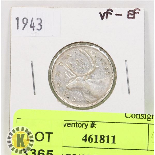 1943 CANADIAN SILVER TWENTY-FIVE CENT COIN
