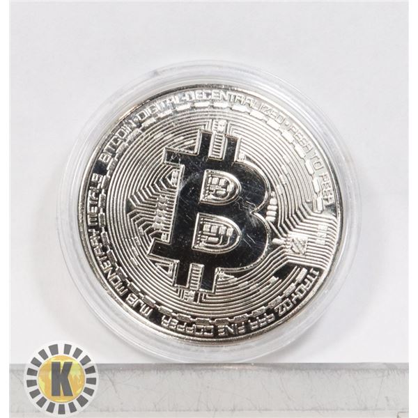 SILVER COLOR BITCOIN NOVELTY COIN IN CAPSULE