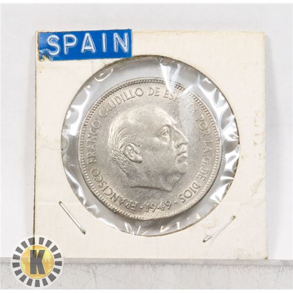 12)  SPAIN 1949 (50) 5 PESETAS COIN.