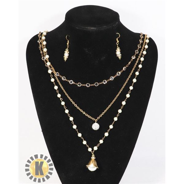 10)  GOLD TONE TRIPLE STRAND 31" WITH PEARLS