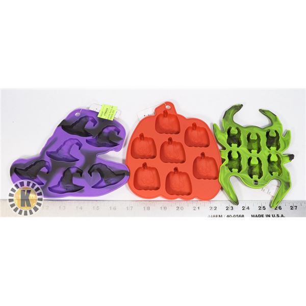 4 NEW SILICONE TRAYS, WITCHES HATS, PUMPKINS, SPID