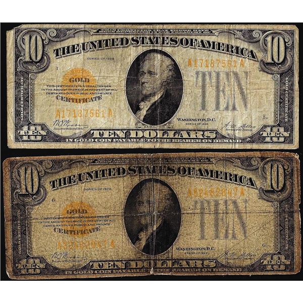 Lot of (2) 1928 $10 Gold Certificate Notes