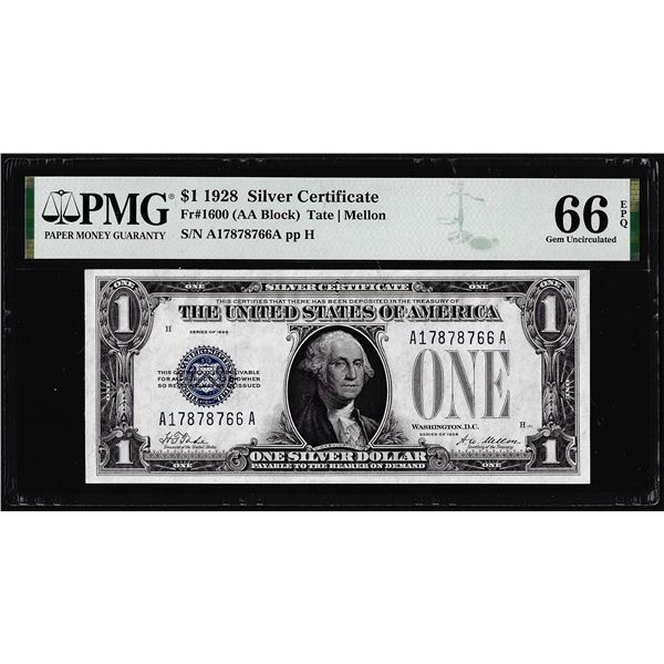 1928 $1 Funnyback Silver Certificate Note Fr.1600 PMG Gem Uncirculated 66EPQ